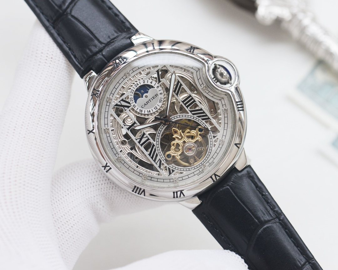 Cartier Silver Black Leather Strap Watch — hero