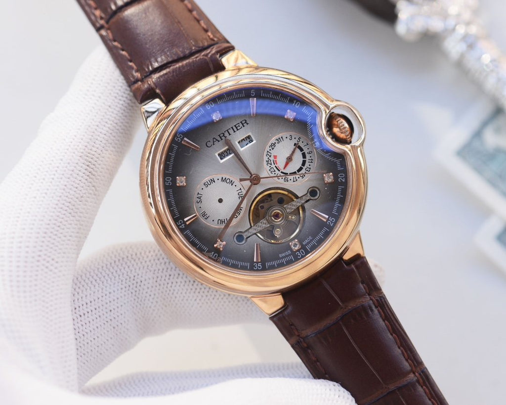 Cartier Rose Gold Brown White Dial Leather Strap Watch — hero