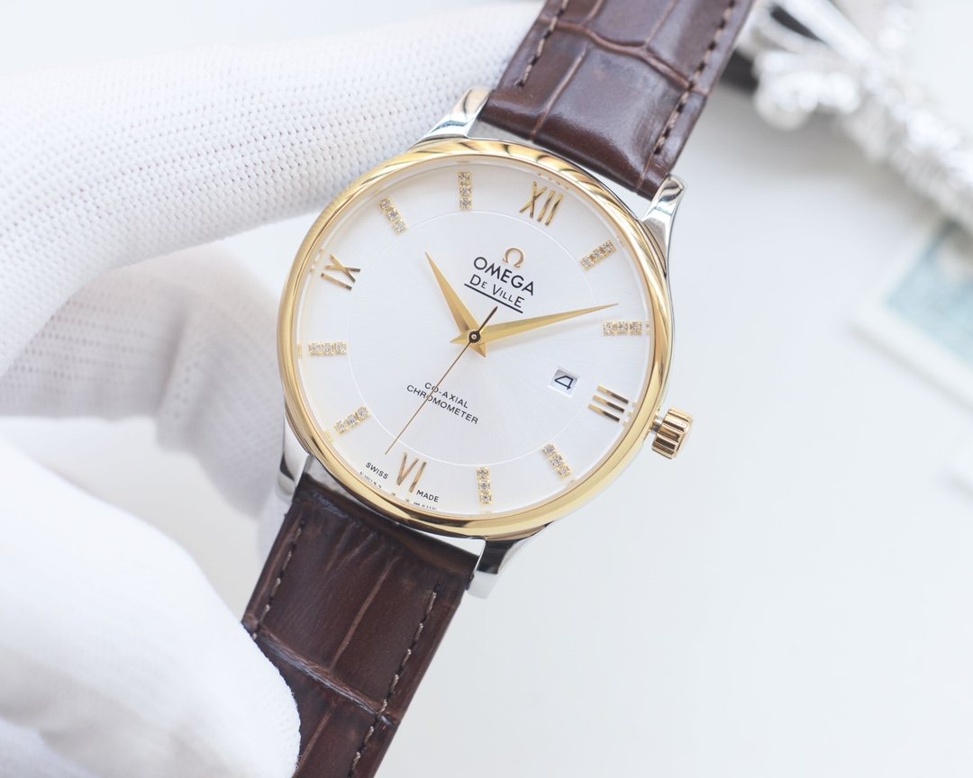 OMEGA Gold Brown Leather Strap Watch — front