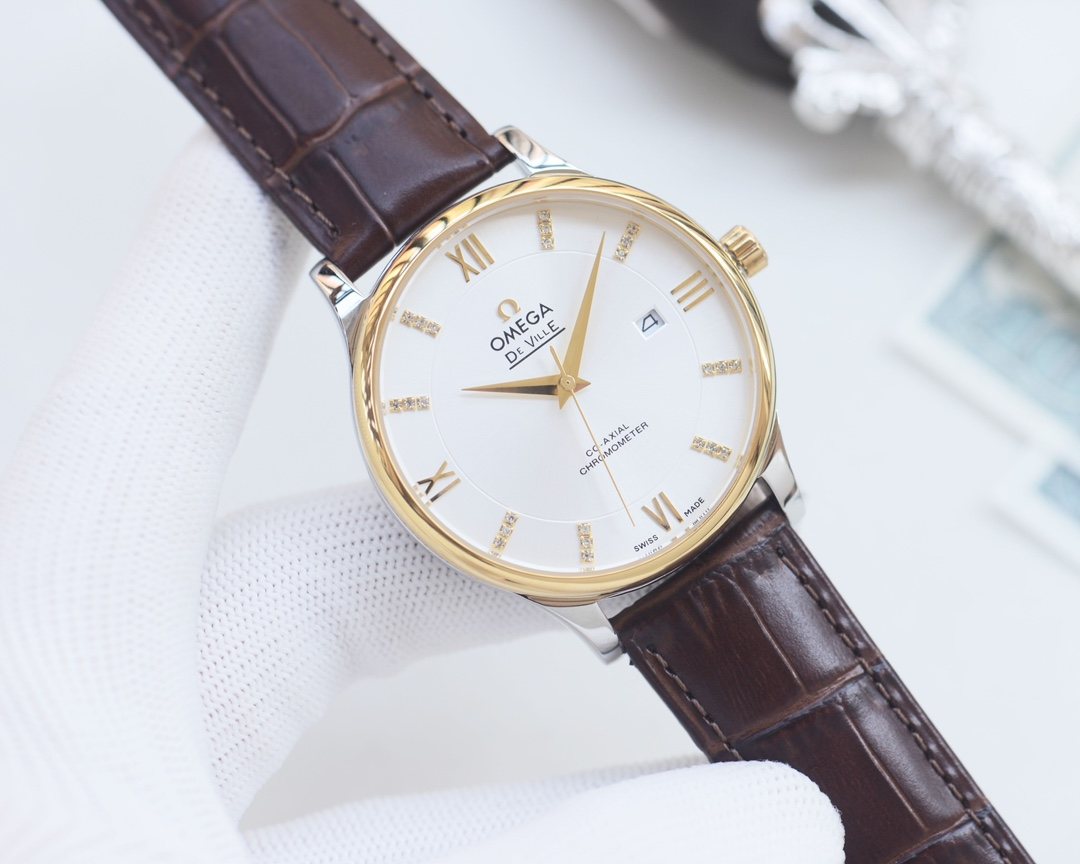 OMEGA Gold Brown White Dial Leather Strap Watch — front