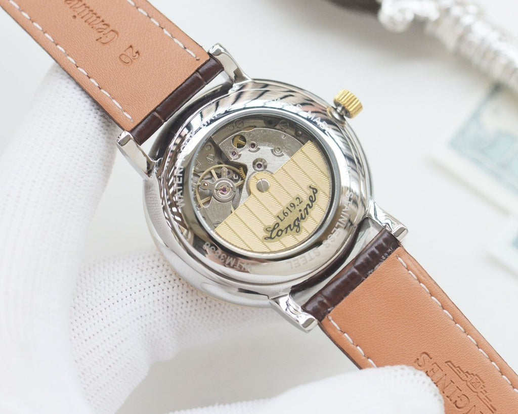 Longines Brown Silver White Dial Leather Strap Watch — back