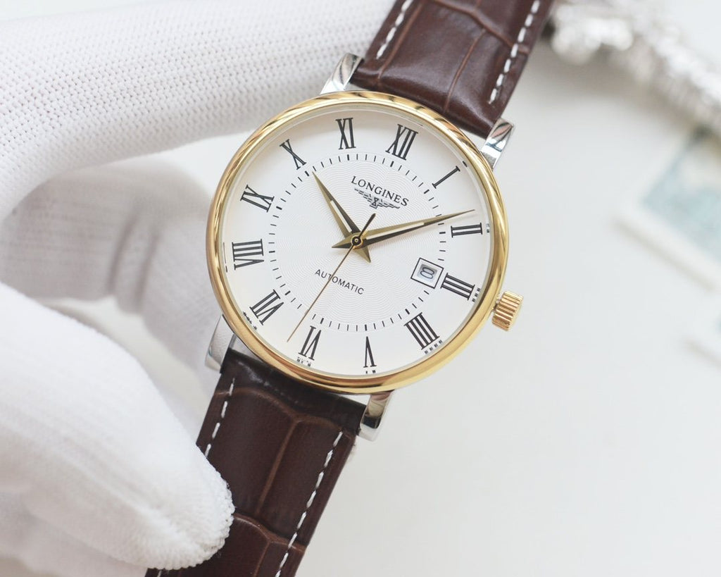 Longines Brown Gold White Dial Leather Strap Watch — front