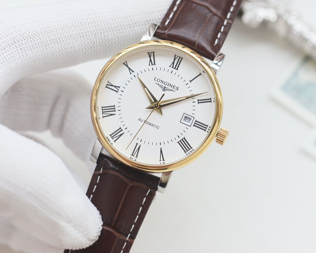 Longines Brown Gold White Dial Leather Strap Watch — front
