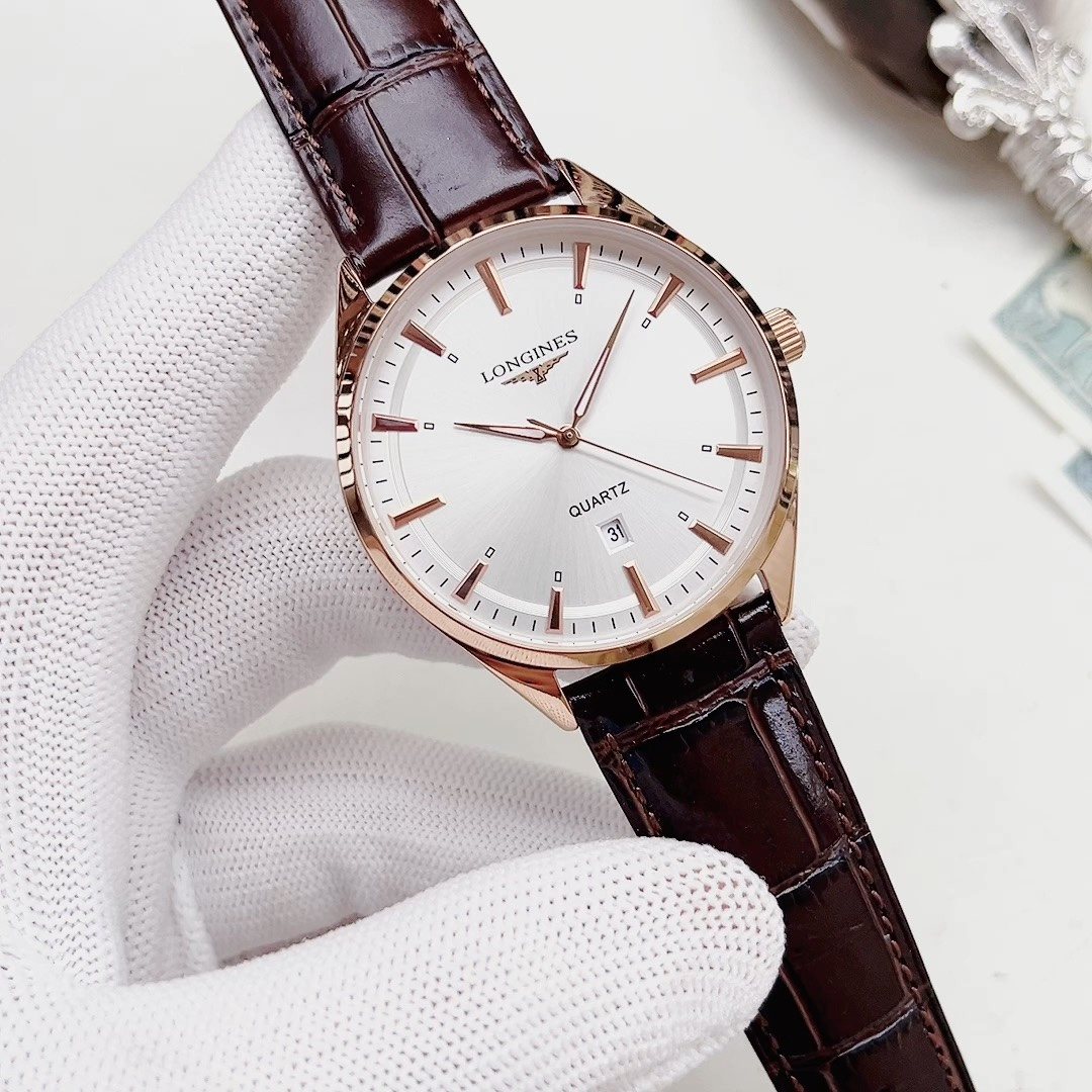 Longines Rose Gold-Tone Brown Leather Strap Watch — hero