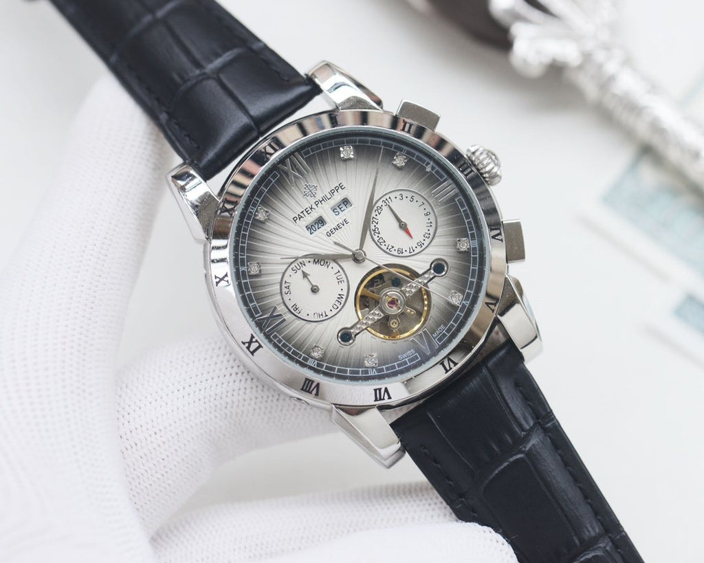 Patek Philippe Black Silver Dial Strap Watch — hero
