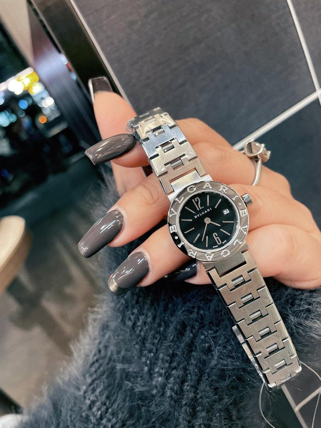 Bulgari Black Dial Silver-Tone Bracelet Watch — front
