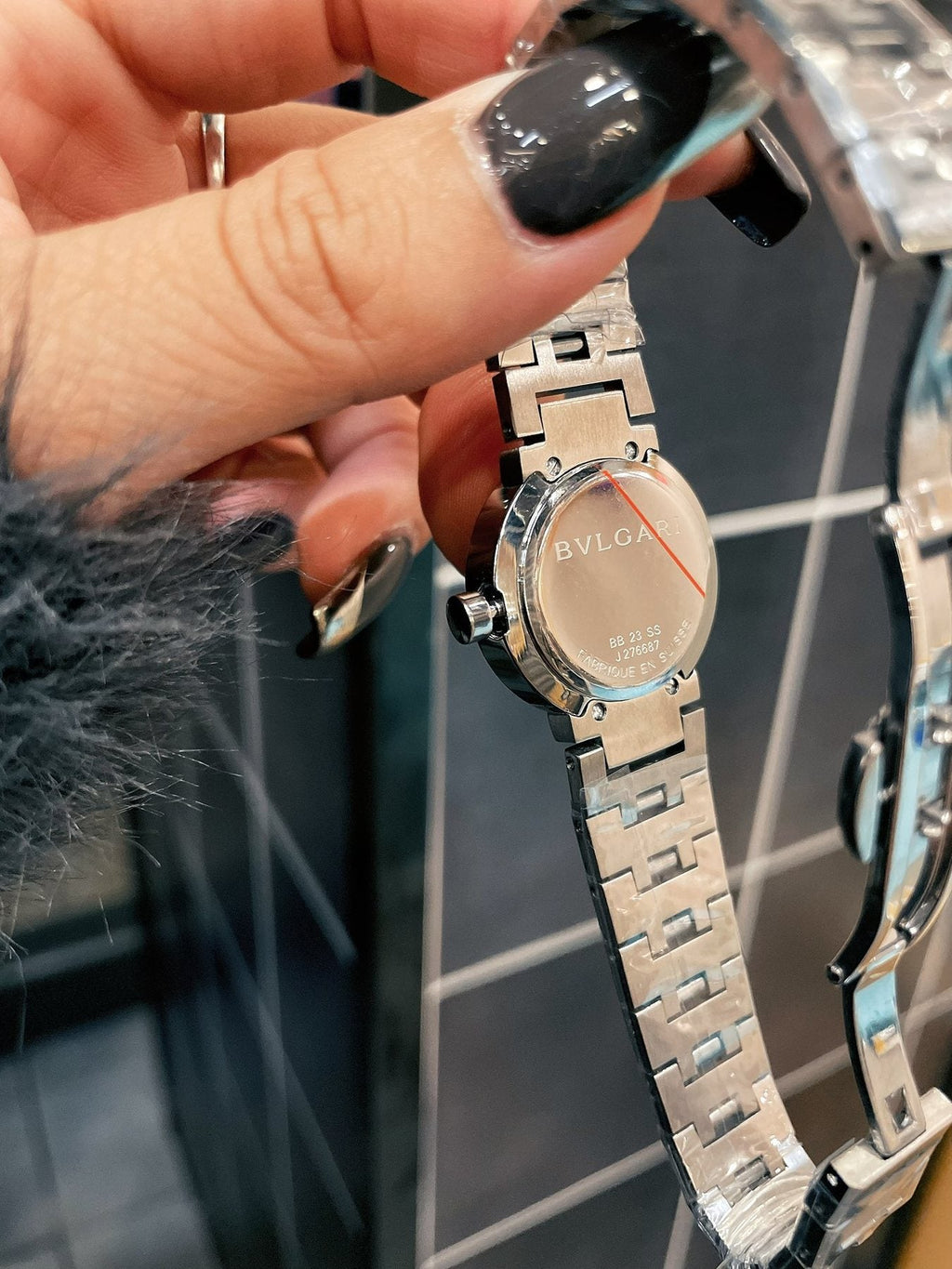 Bulgari Black Dial Silver-Tone Bracelet Watch — back