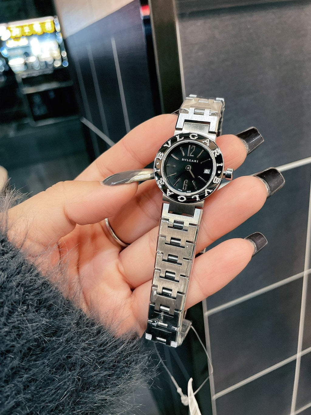 Bulgari Black Dial Silver-Tone Bracelet Watch — front