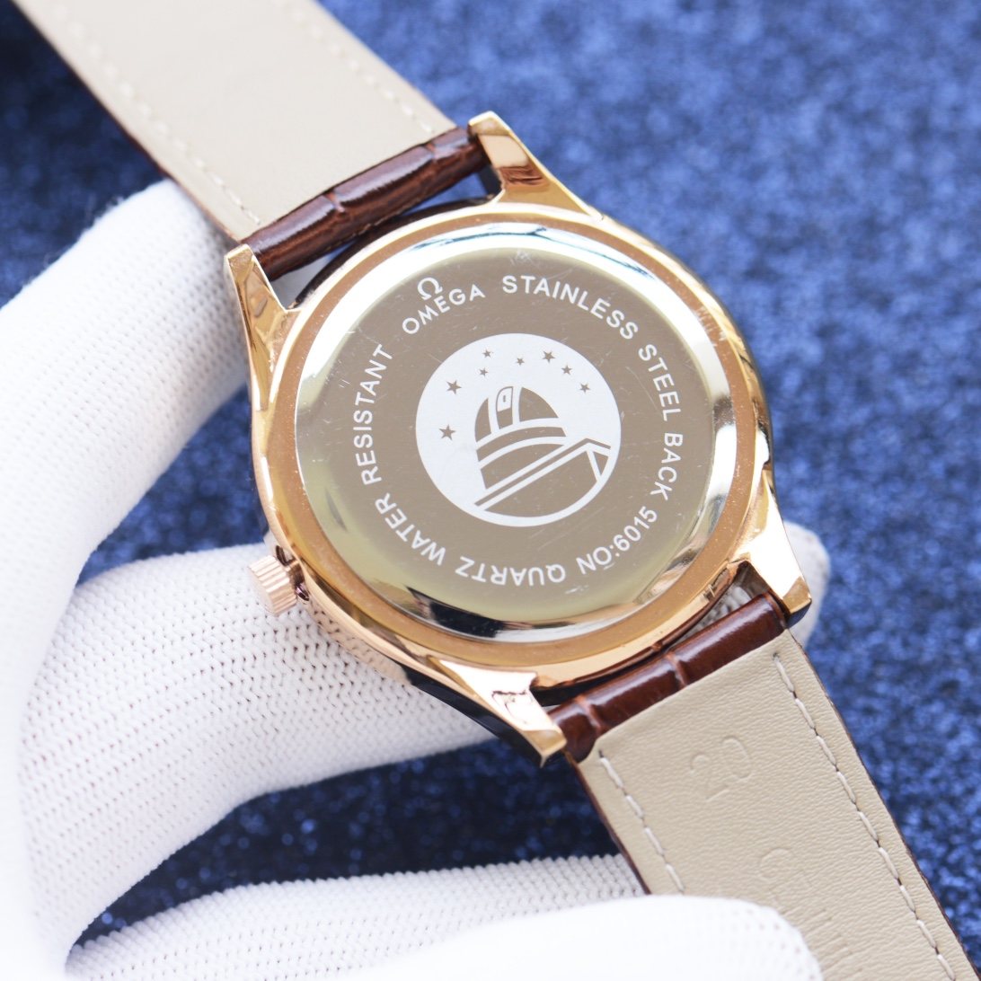 Omega White Dial Brown Leather Strap Watch — back