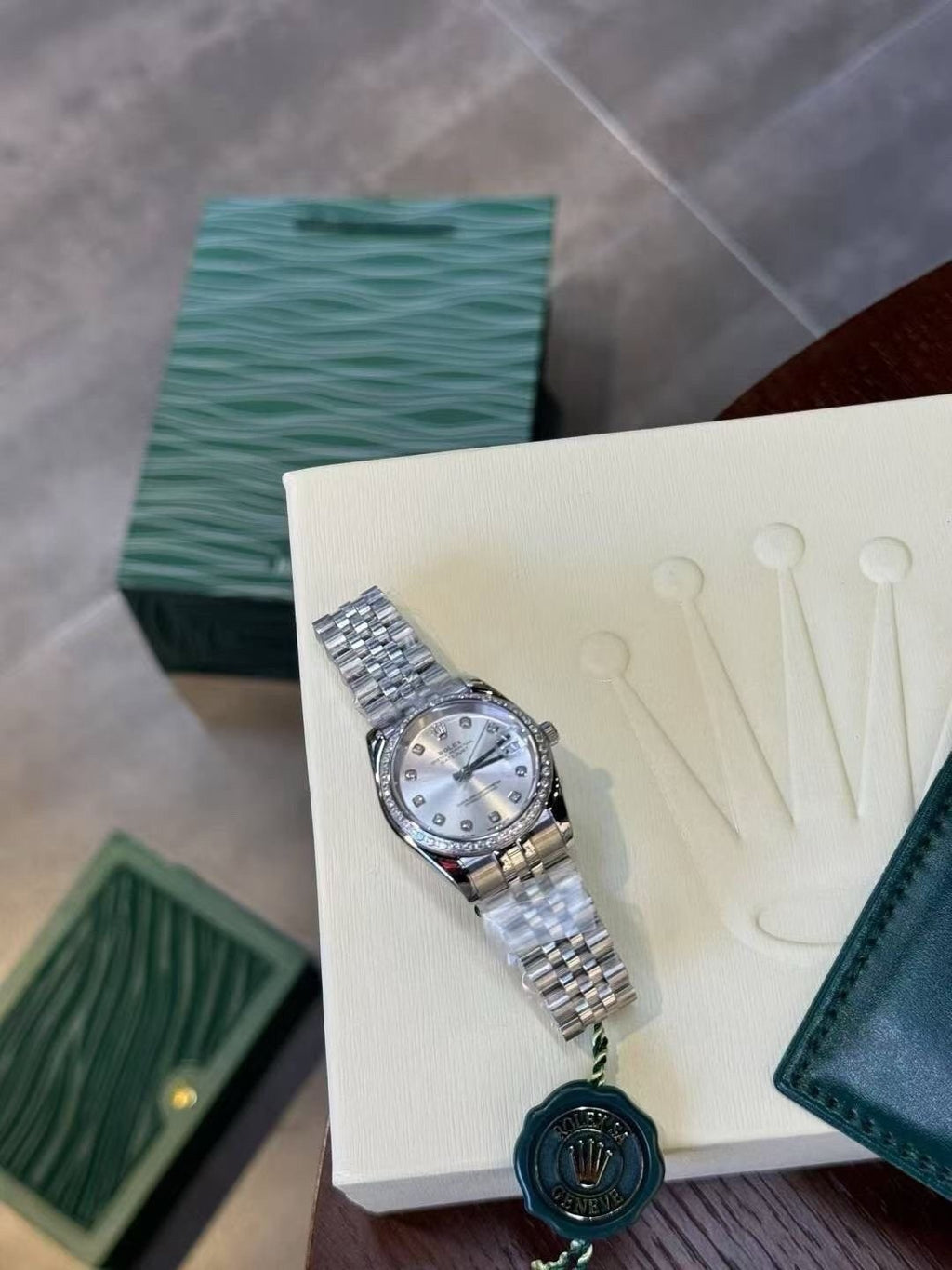Rolex Pale Iridescent Dial Metal Bracelet Watch — front