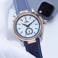 Omega Rose Gold Blue White Dial Leather Strap Watch — hero