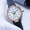 Omega Rose Gold Black White Dial Leather Strap Watch — hero