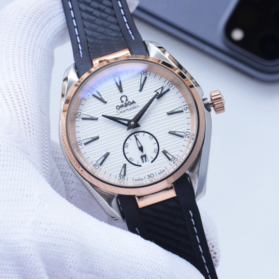 Omega Rose Gold Black White Dial Leather Strap Watch — hero
