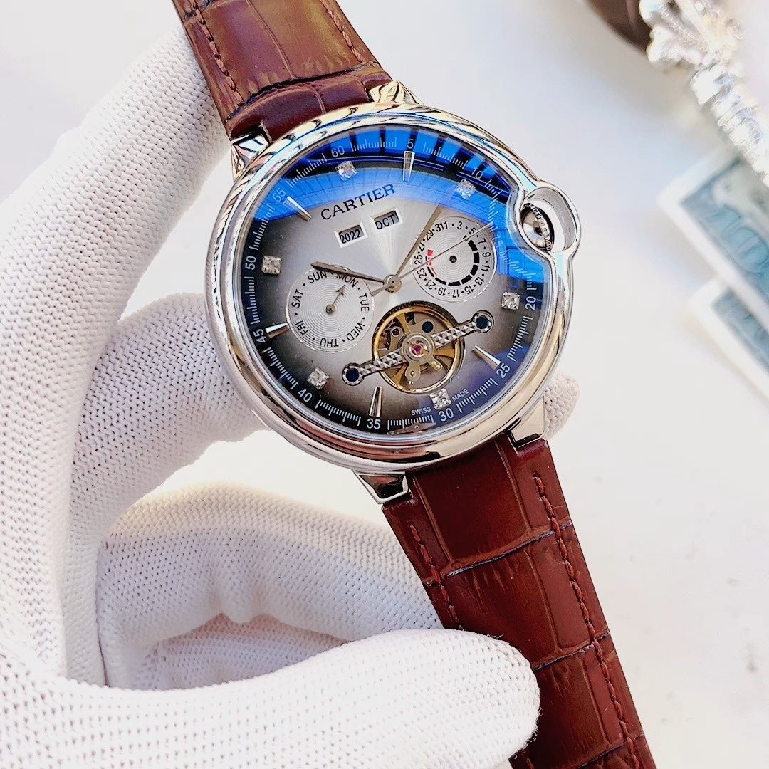 Cartier Blue Dial Brown Strap Watch — hero