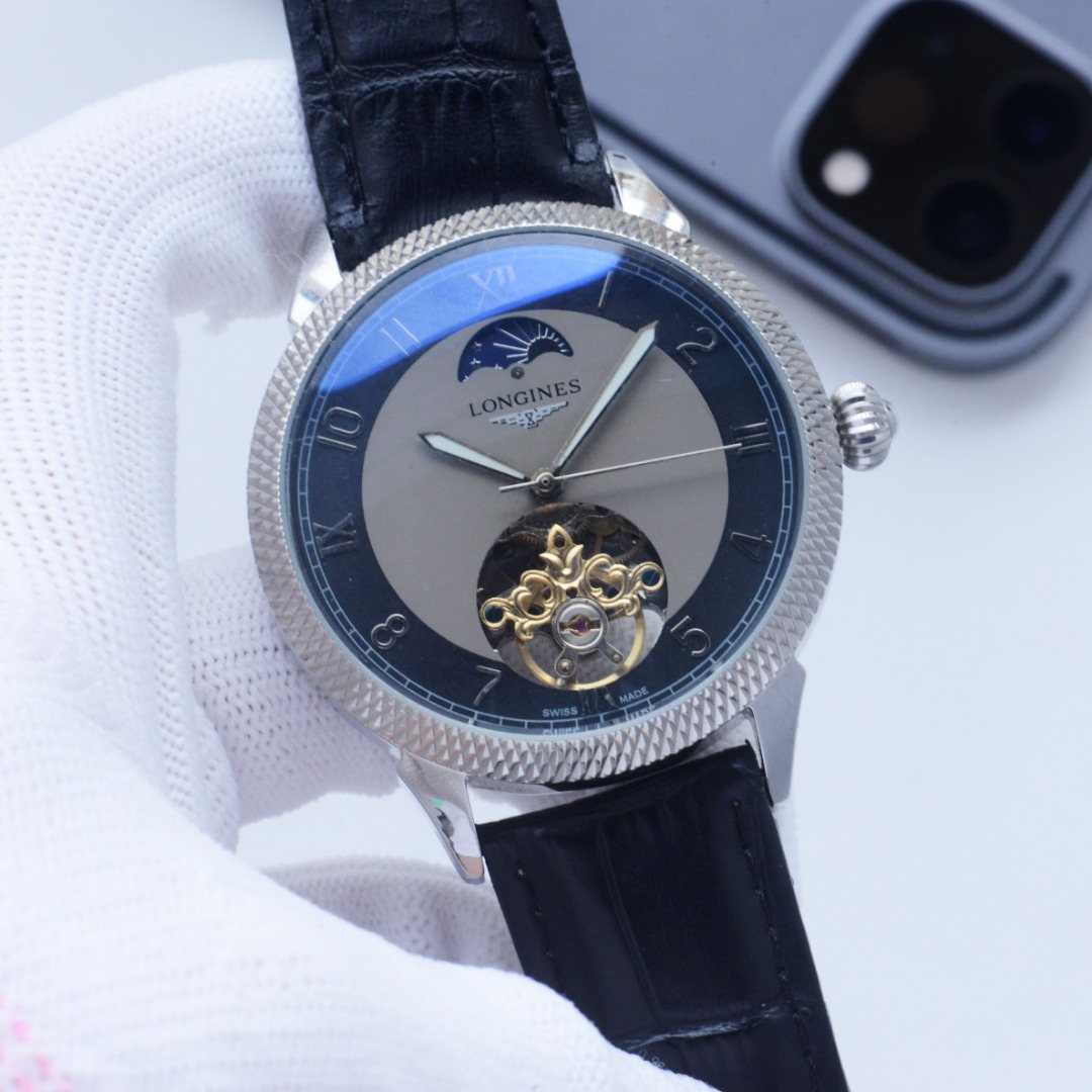 Longines Silver Black Strap Watch — front