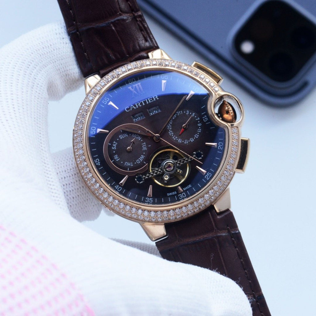 Cartier Rose Gold Blue Brown Dial Bracelet Watch — front
