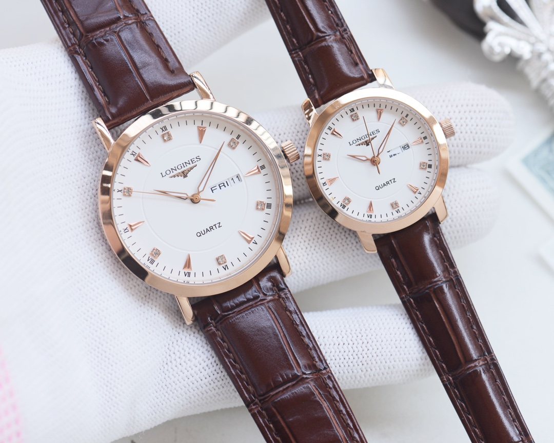 Longines Brown Rose Gold White Dial Leather Strap Couple Watch Set — hero