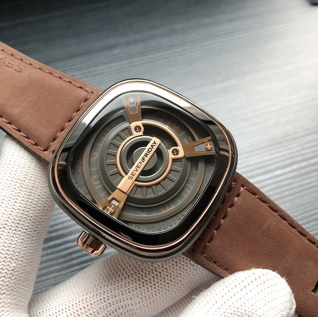 SEVENFRIDAY Brown Strap Rose Gold Watch — front