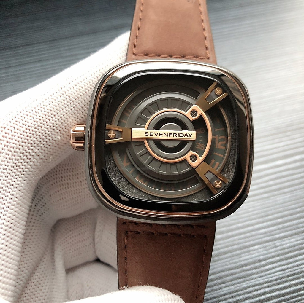 SEVENFRIDAY Brown Strap Rose Gold Watch — front