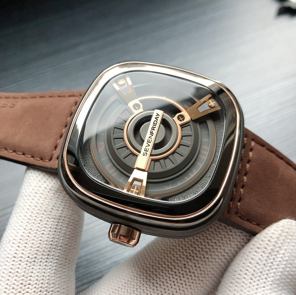 SEVENFRIDAY Brown Strap Rose Gold Watch — front