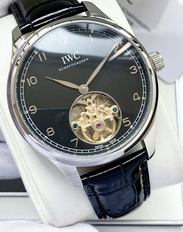 IWC Silver Black Dial Strap Watch — hero