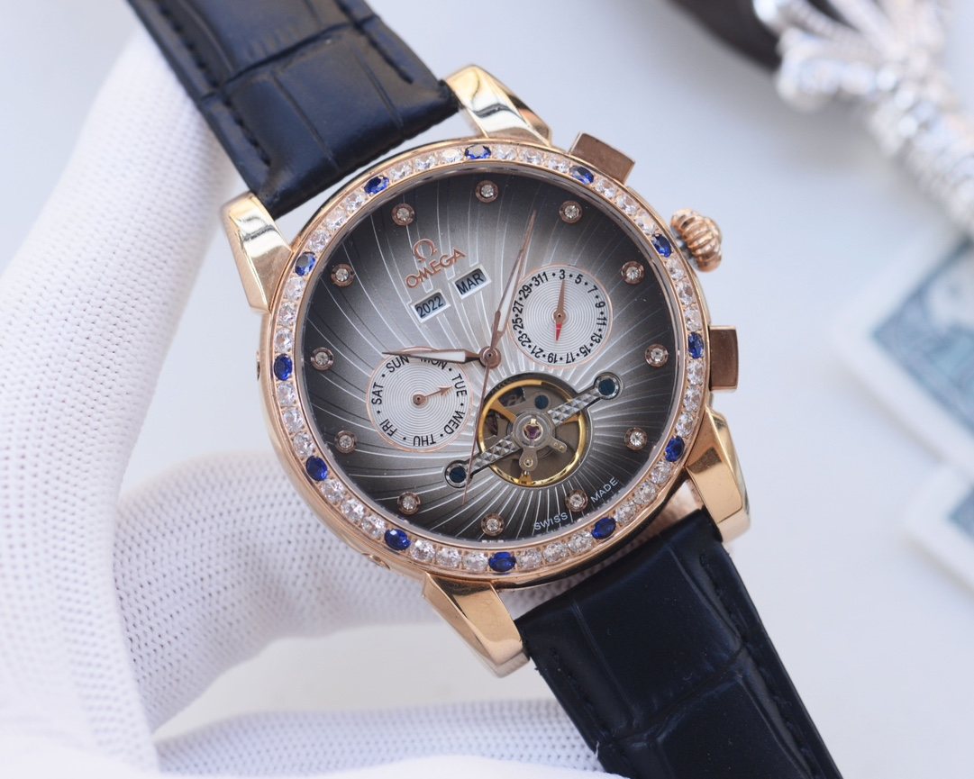 Omega Gold Black Strap Watch — hero