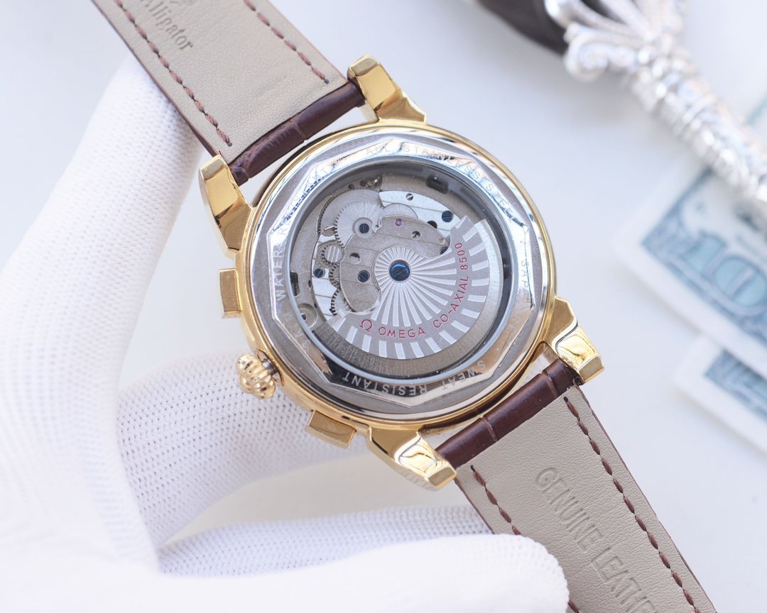 Omega Gold Brown Dial Strap Watch — back