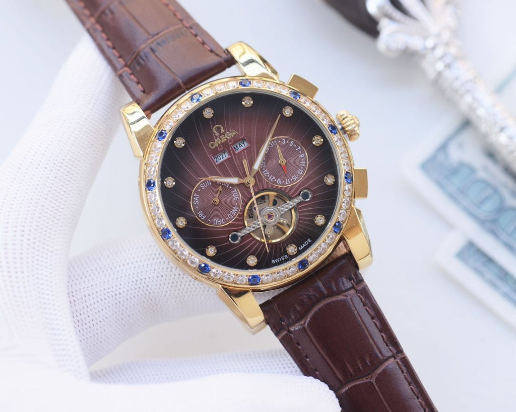 Omega Gold Blue Brown Dial Strap Watch — hero