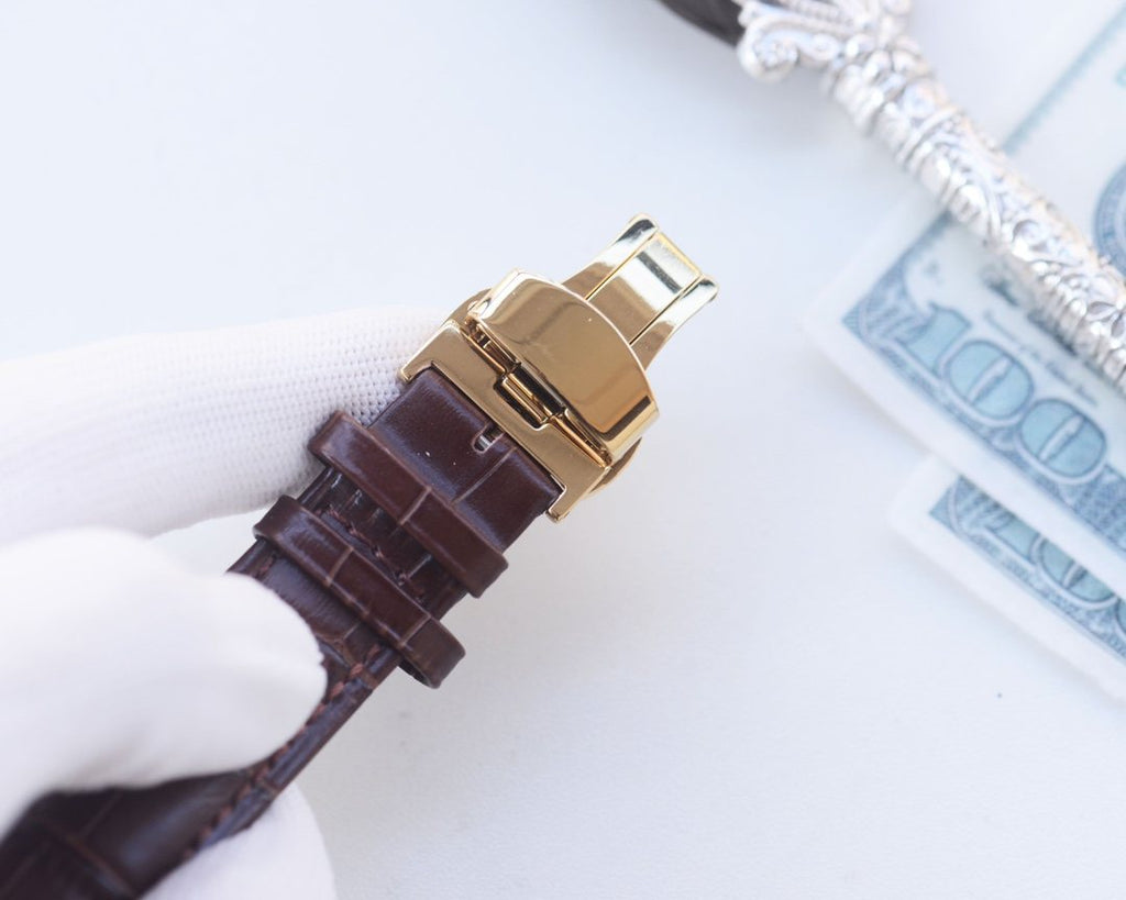 Omega Gold Blue Brown Dial Strap Watch — detail