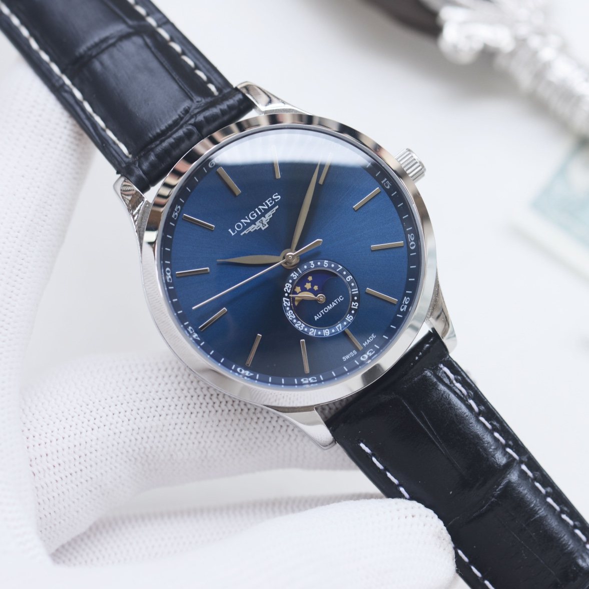 Longines Silver Black Blue Dial Strap Watch — hero