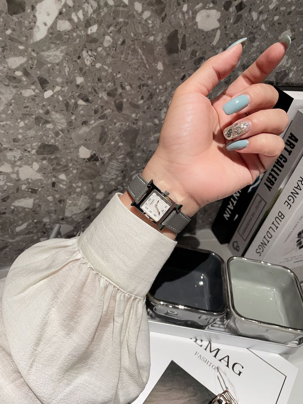 Hermès Brown Silver White Dial Strap Watch — model
