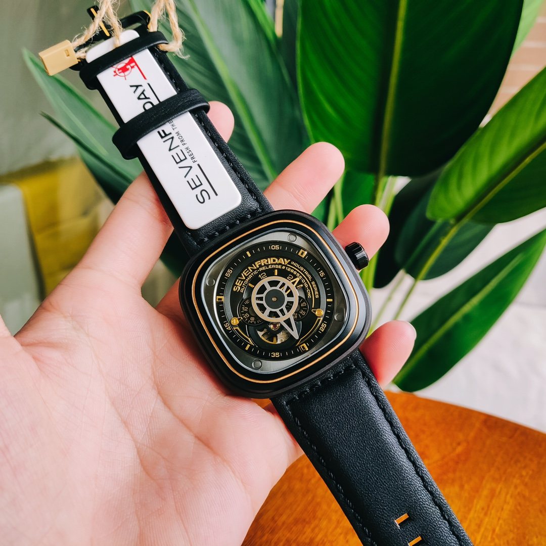 SEVENFRIDAY Black Leather Mechanical Watch — front