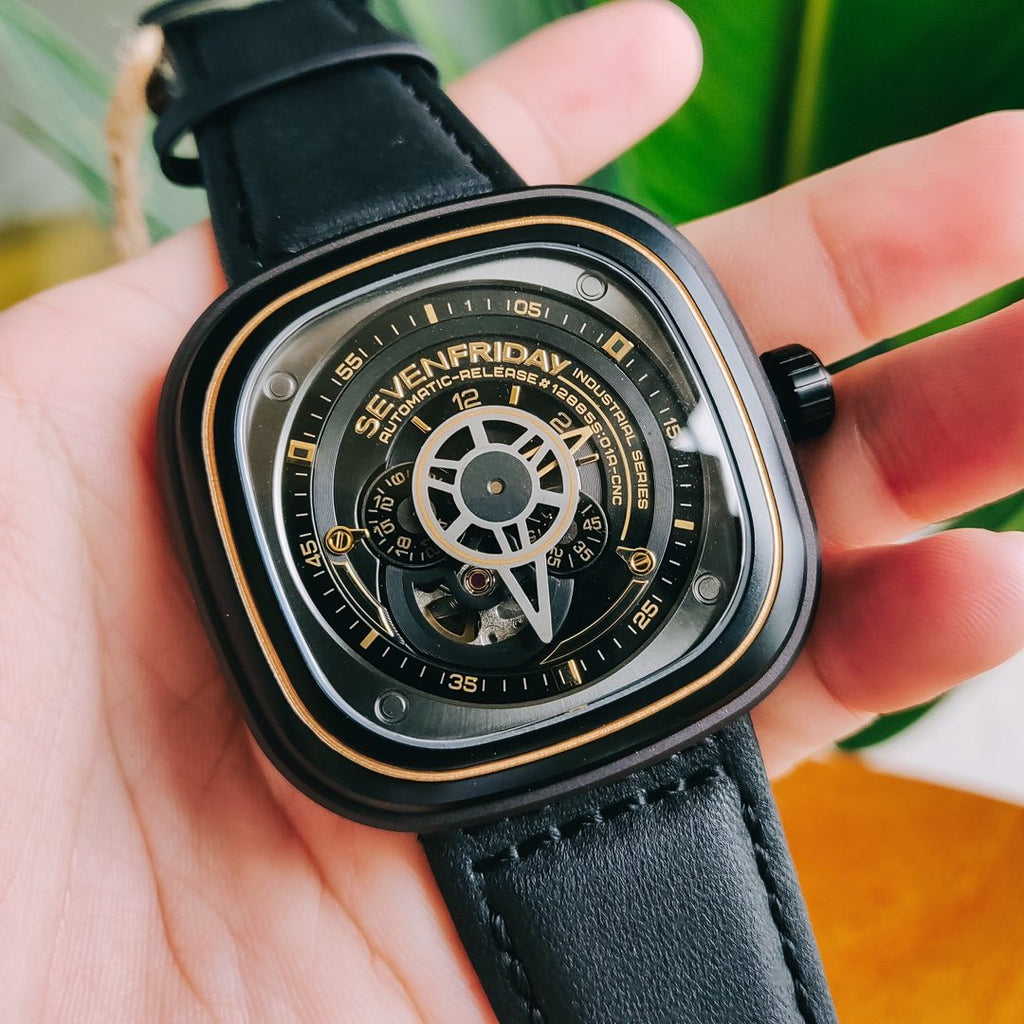 SEVENFRIDAY Black Leather Mechanical Watch — front