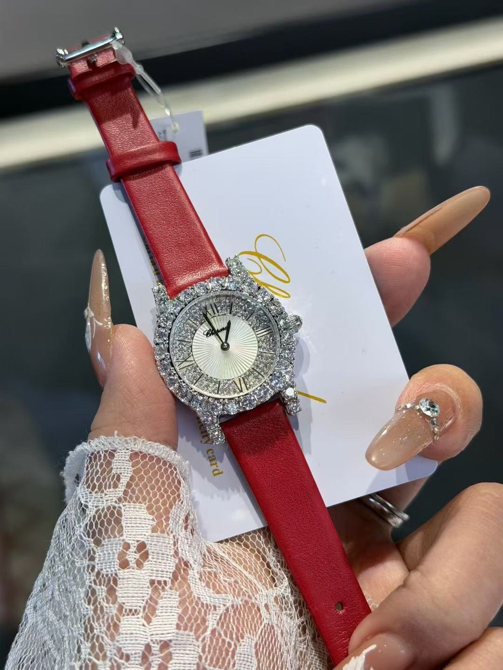 Chopard Crystal-Set Red Strap Watch — front