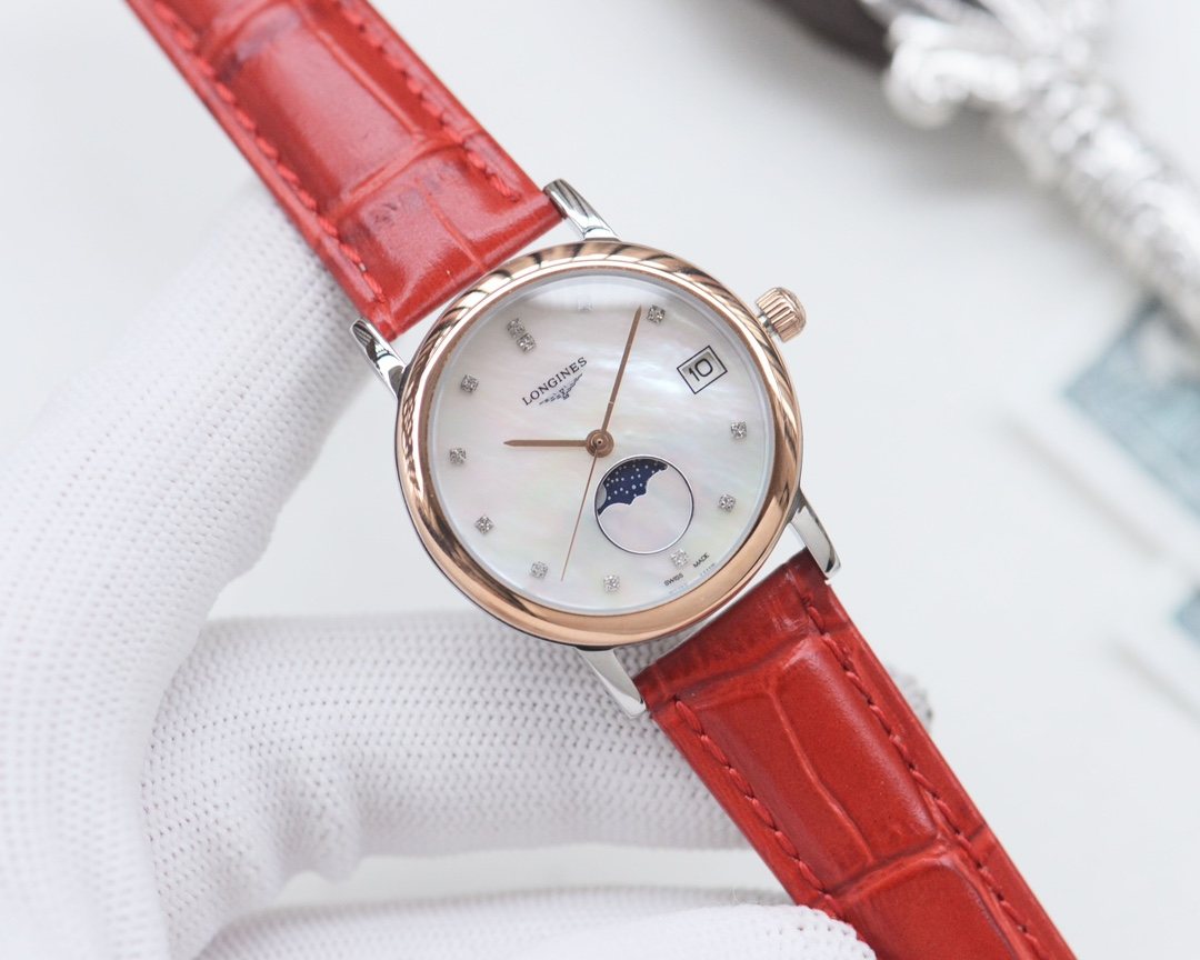 Longines Red Rose Gold White Dial Strap Watch — hero