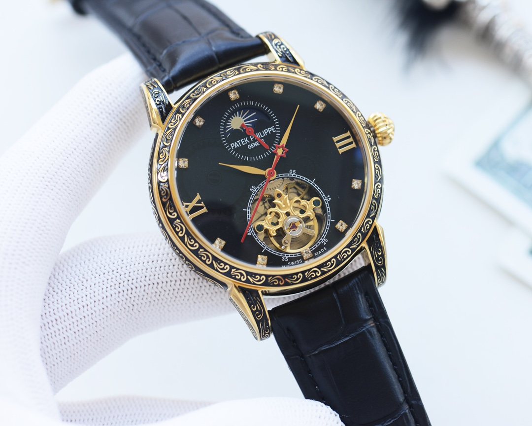 Patek Philippe Gold Black Dial Leather Strap Watch — hero