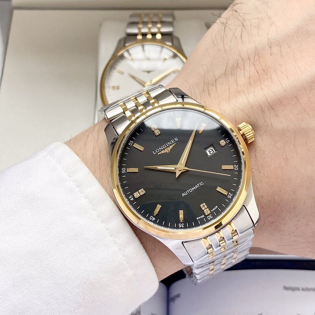 Longines Two Tone Silver Black Dial Bracelet Watch — hero
