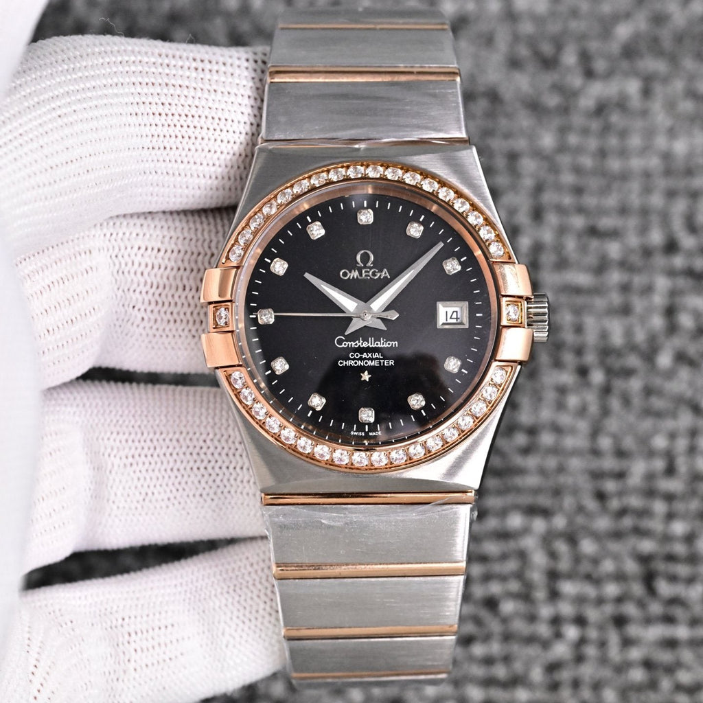 Omega Two Tone Silver Black Dial Bracelet Watch — front