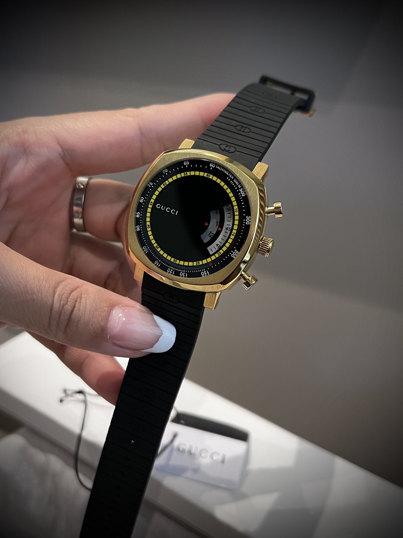 Gucci Gold Black Dial Strap Watch — front
