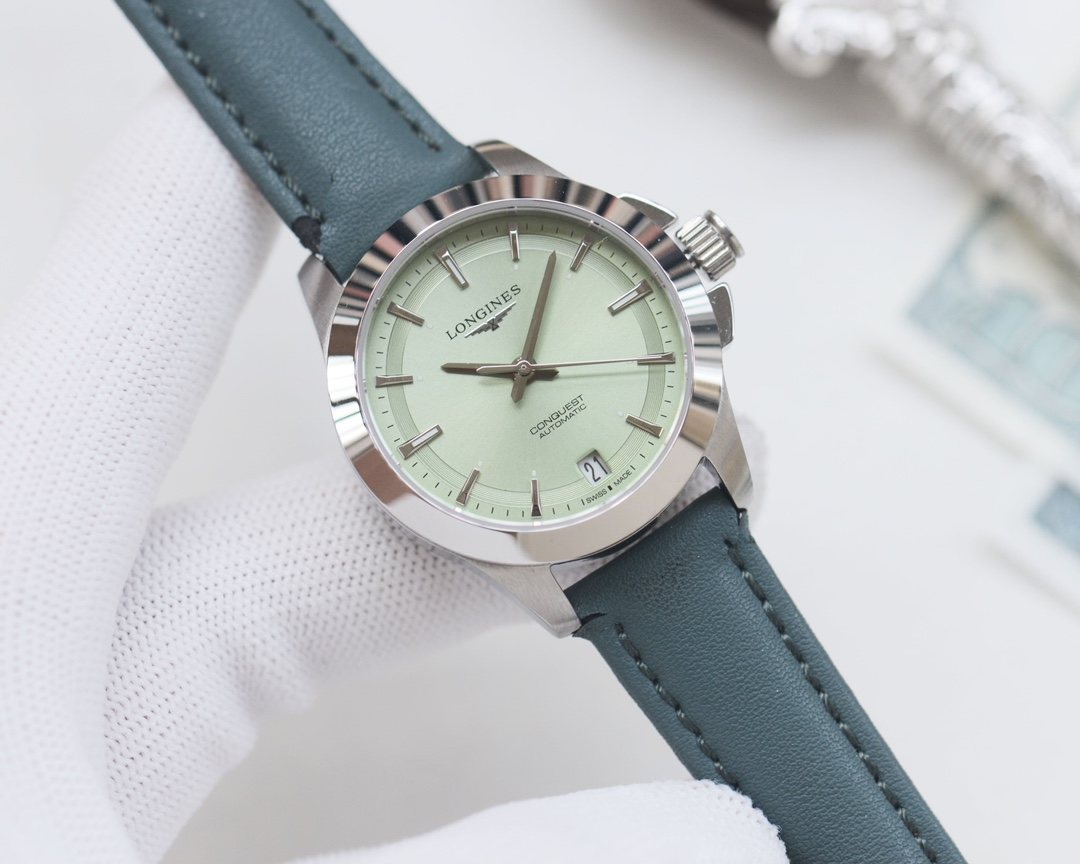 Longines Silver Green Dial Strap Watch — hero