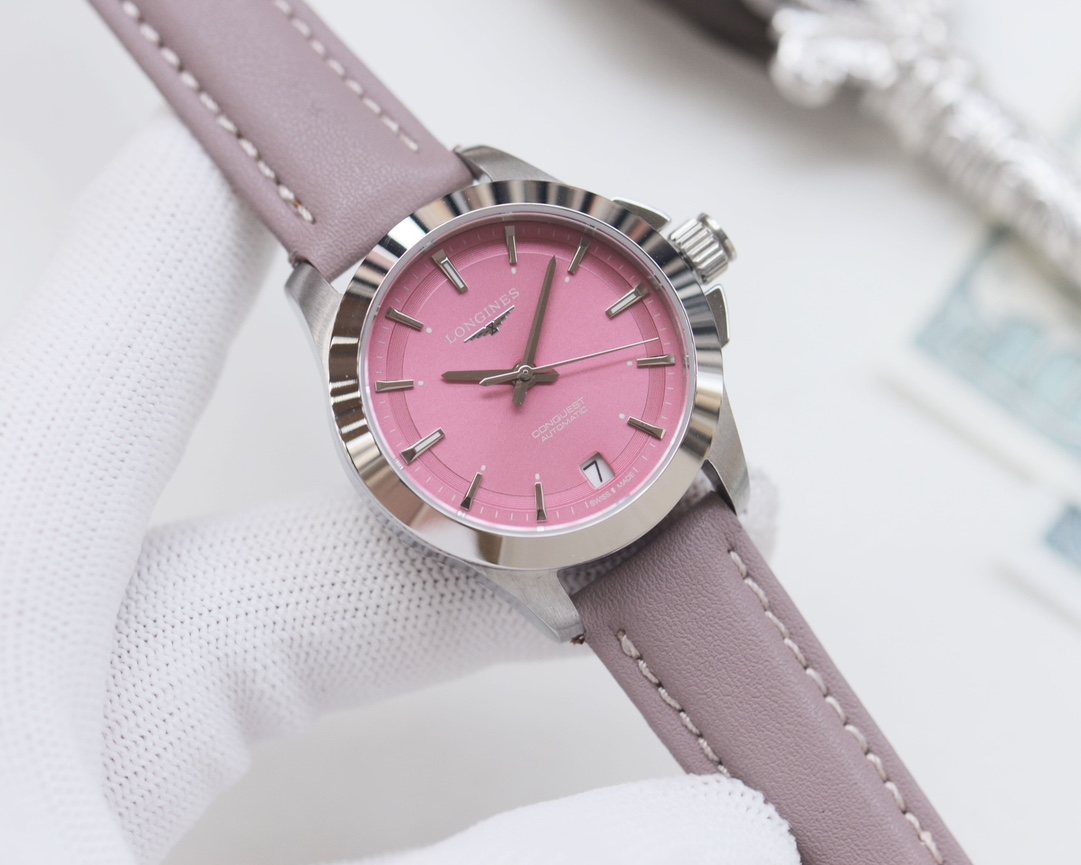 Longines Silver Pink Dial Strap Watch — hero