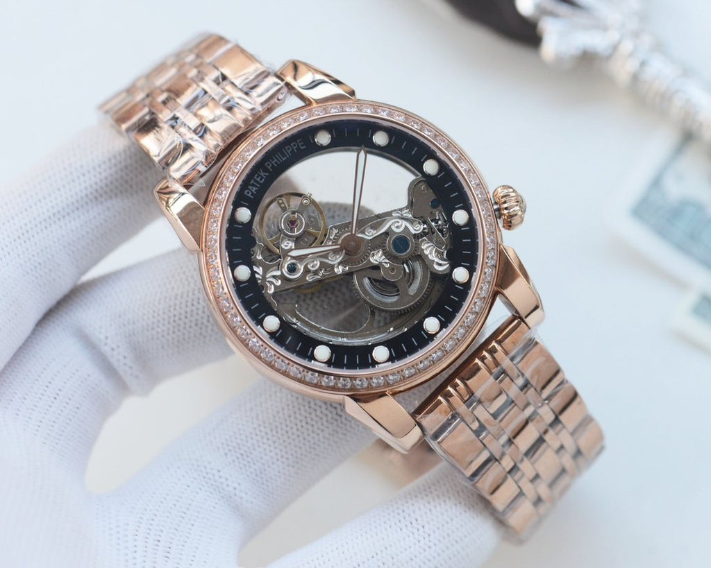 Patek Philippe Rose Gold Black Leather Strap Watch — front
