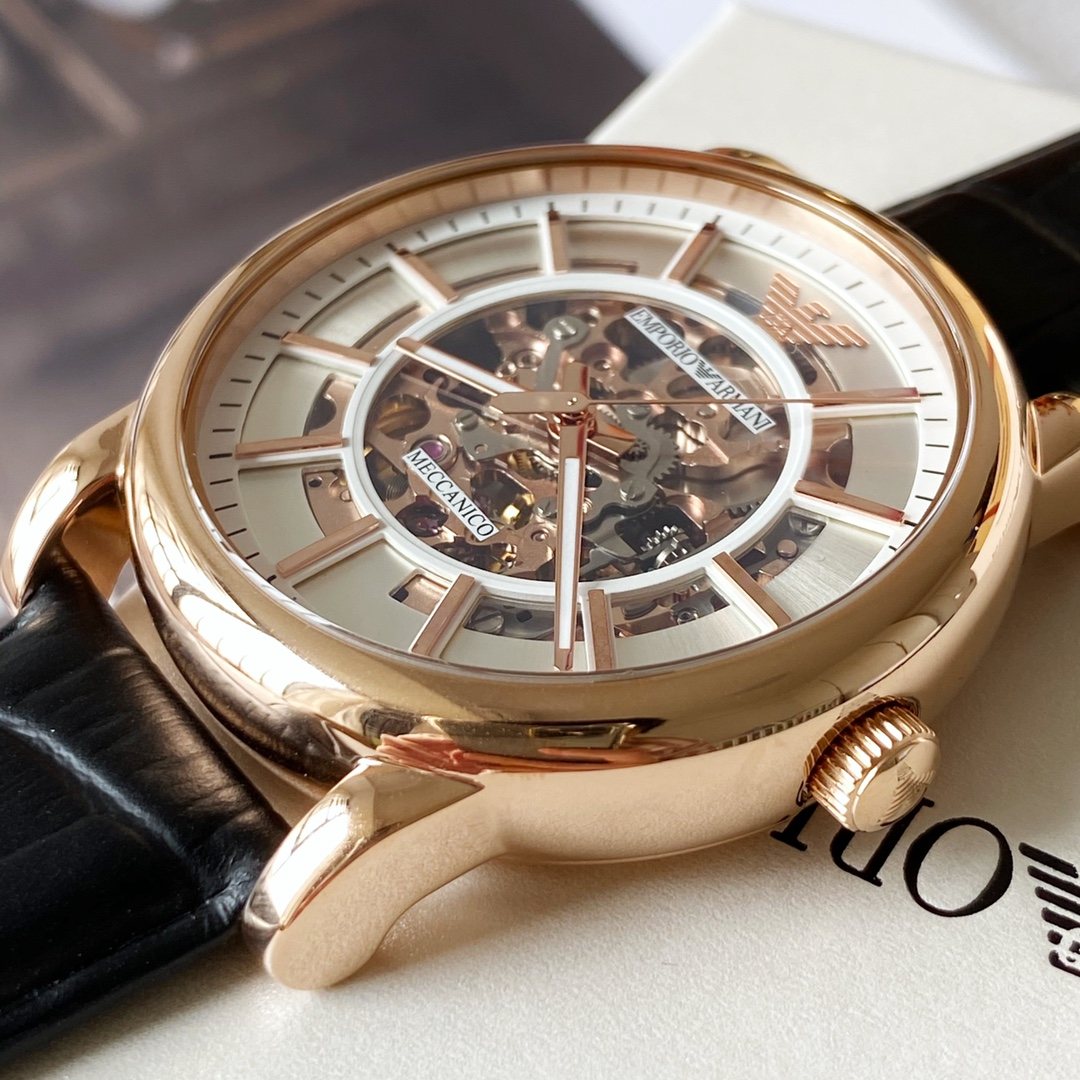 EMPORIO ARMANI Rose-Gold Skeleton Dial Watch — front