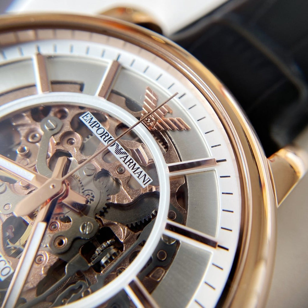 EMPORIO ARMANI Rose-Gold Skeleton Dial Watch — detail
