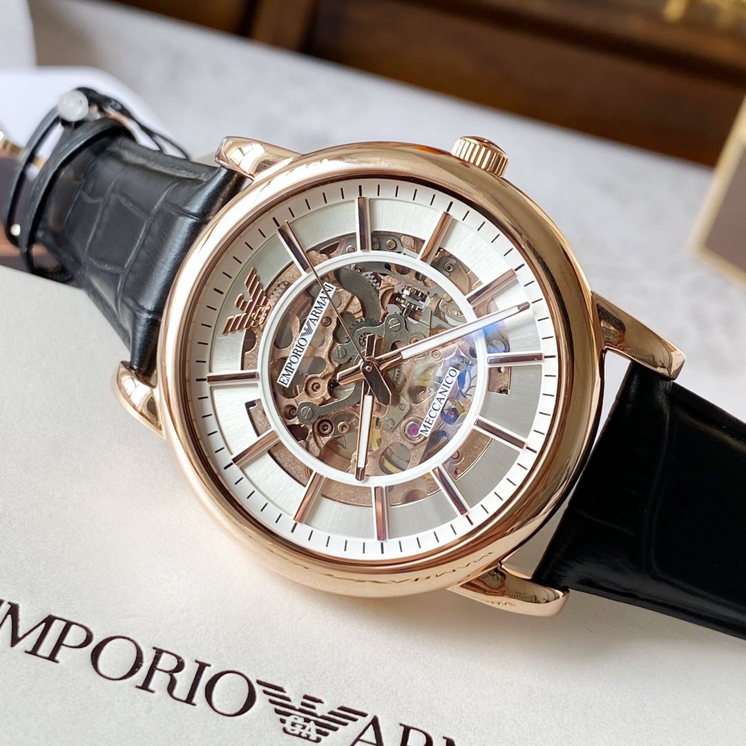 EMPORIO ARMANI Rose-Gold Skeleton Dial Watch — front