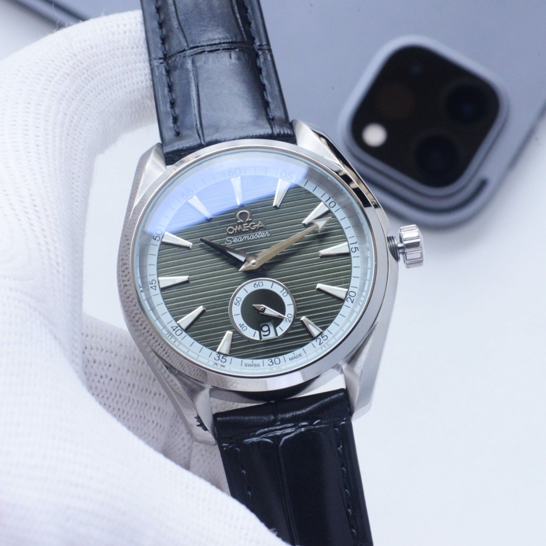 OMEGA Black Silver Green Dial Leather Strap Watch — hero