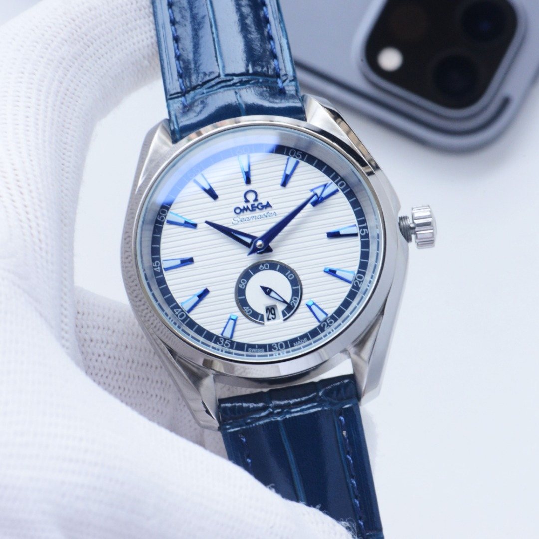 OMEGA Blue Silver White Dial Leather Strap Watch — hero