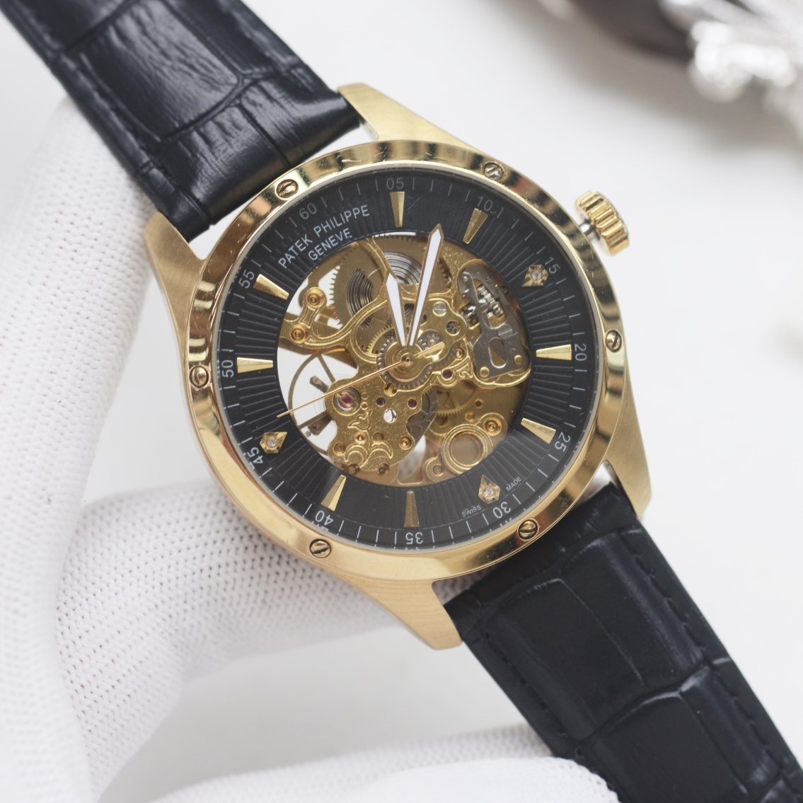 PATEK PHILIPPE Gold Black Dial Leather Strap Watch — hero