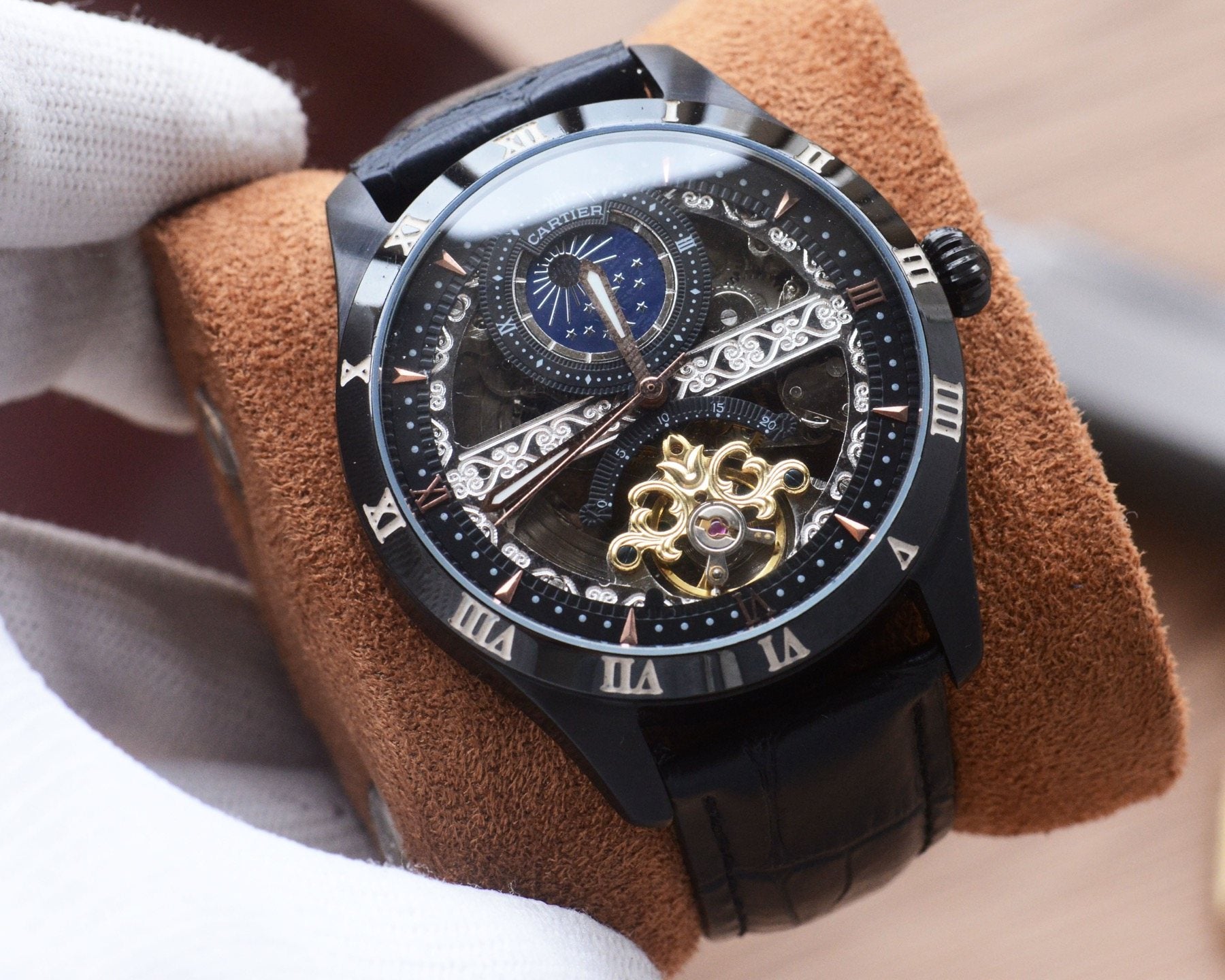 Cartier Gold Black Dial Leather Strap Watch — hero