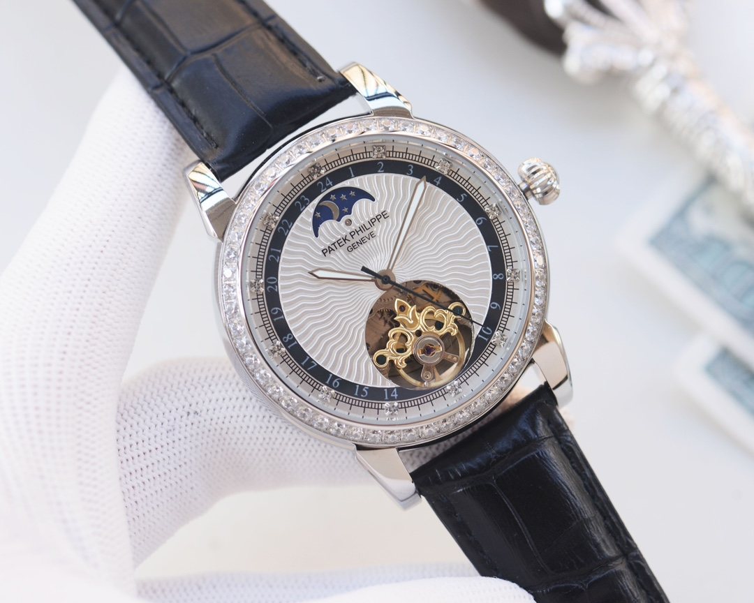 Patek Philippe Black Silver White Dial Leather Strap Watch — hero